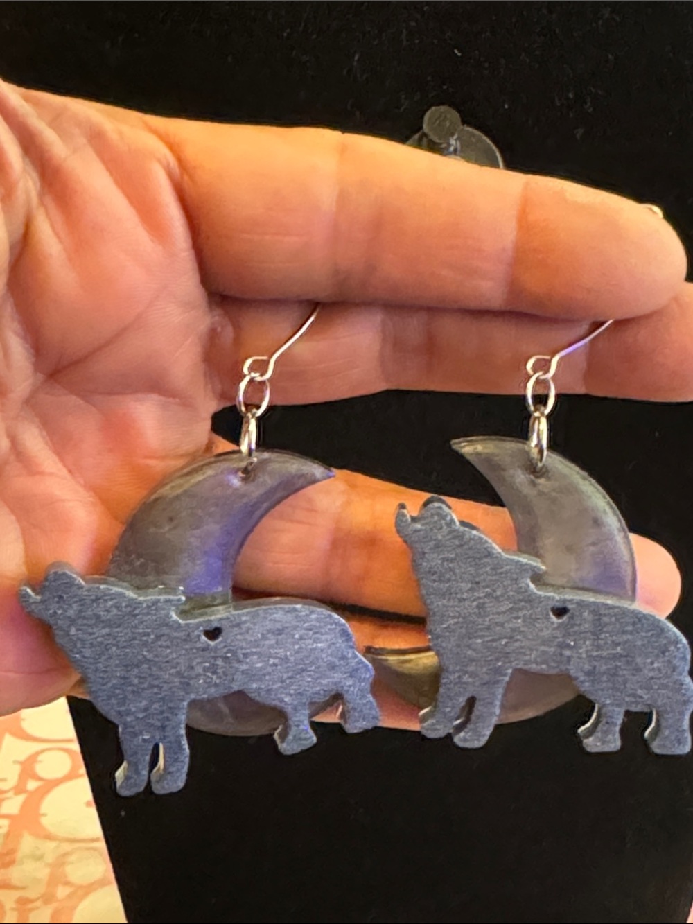 Wolf Howling/ Crescent Moon Dangle Earrings - Gray